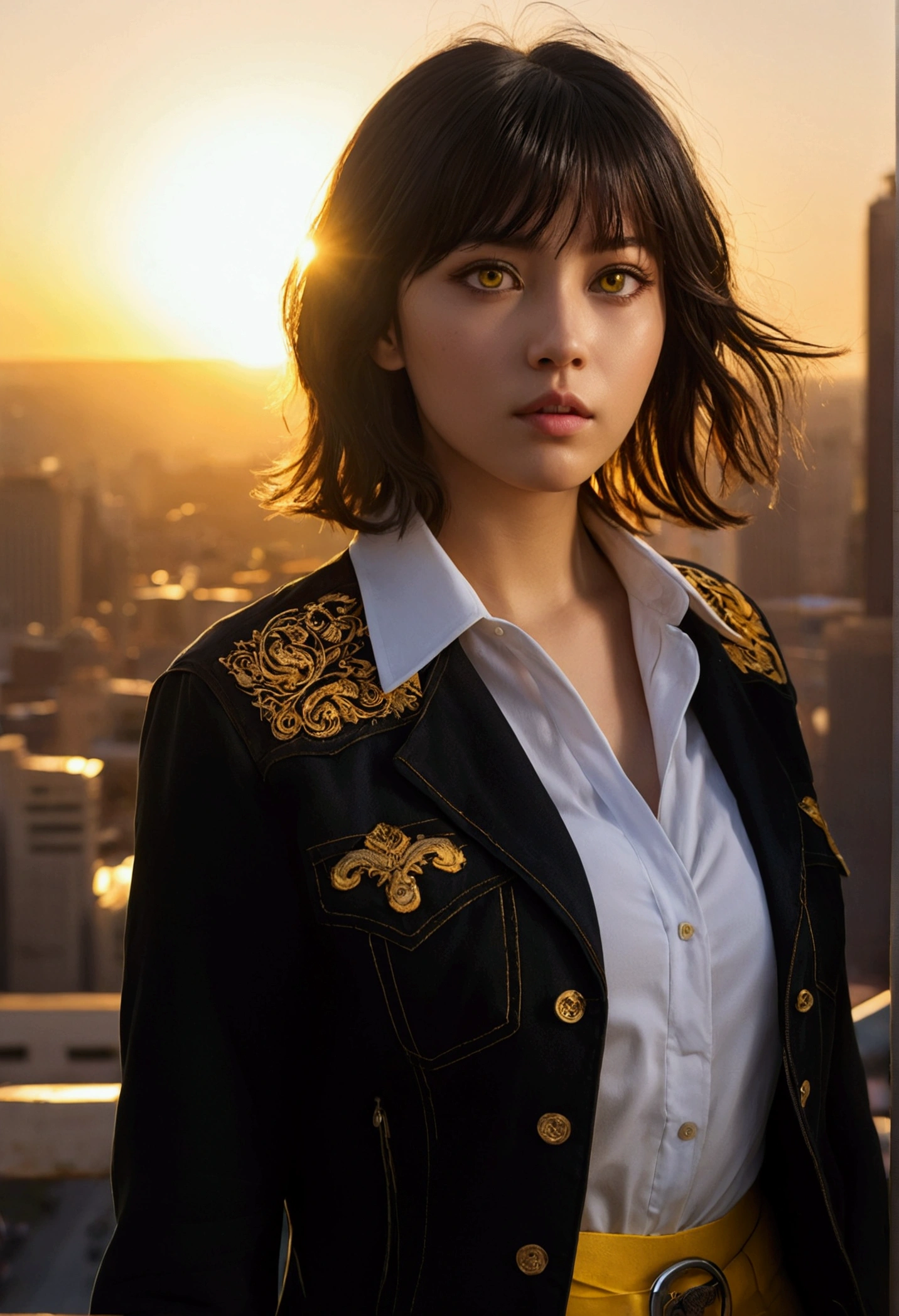 1girl, intricate detail, masterpiece, best quality, extremly detailed,cinematic lighting, beautiful detailed glow, finely detailed beautiful face and eyes, 8k, dark intense shadows, yellow eyes, medium hair, black hair, bangs, floating hair, black jacket, open jacket, white shirt, expressionless, yellow necktie, black skirt, spotlight, sunshine, sunrise, gradient sky, city, lens flare, cowboy shot, [[curvy]], [mature female]