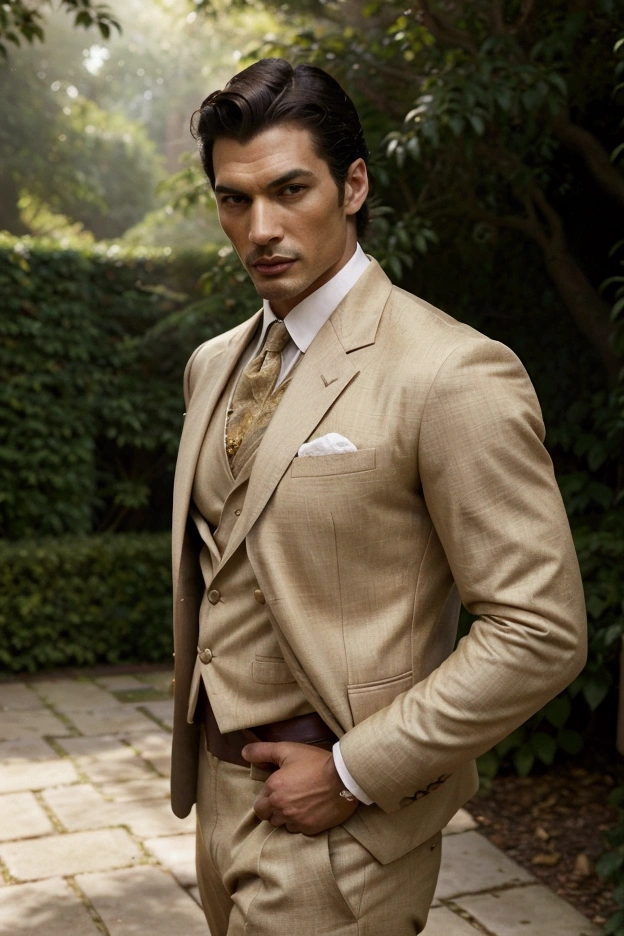 Create an elegant retro vintage fashion scene featuring a male model of African descent, resembling David Gandy. The model has an athletic figure with a striking, masculine physique and a captivating presence. He is dressed as a British prince, wearing a tailored, vintage-inspired royal outfit that includes a finely crafted velvet jacket adorned with intricate embroidery, but he is shirtless beneath the jacket, showcasing his toned physique. The scene is set in a lush royal garden, with manicured hedges and vibrant flower beds creating a picturesque backdrop. The warm sunlight filters through the leaves of ancient trees, casting dappled shadows on the ground and enhancing the regal atmosphere. The model stands confidently on a stone pathway, embodying the grace and poise of royalty. His jacket is elegantly fitted, accentuating his athletic build and the definition of his muscles. The rich colors of the fabric reflect the opulence of royal attire, while the absence of a shirt adds a bold and sensual touch to the ensemble. A decorative brooch glimmers on his lapel, adding a touch of refinement. The model's pose is both regal and relaxed, with one hand resting casually in his pocket and the other gently holding a vintage cane, showcasing his noble demeanor. His gaze is directed towards the camera with a charming and charismatic expression, embodying the classic style and elegance of a British prince. The warm, ambient lighting and slight film grain effect accentuate the retro vintage atmosphere, making the scene feel both timeless and stylish. Filmed on ARRI ALEXA 65, with bokeh and sharp focus on the subject, shot by Don McCullin. The atmosphere should exude a sense of artistic expression with a retro vintage touch, where the model embodies the essence of classic fashion—elegant, refined, and timeless—amidst the enchanting beauty of a royal garden.
