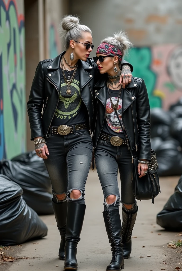 Two russian milf women, the taller one with the arm over the shoulder of the smaller one, seducing her. grey hair (one: bouffant, top bun. The other, straight and middle part}and one wearing oversized square sunglasses and wide colourful bandana as headband), with very light green eyes, extremely pale. Big lips. No tan. Wearing aged black moto jacket (zippers on the side, skull and bones pins). Both: old worn dark grey t-shirt with witchcraft logos. Both,, dark skinny low rise grey jeans with holes on knees ( patched with colourful fabric). Both:, dark grey worn jeans {with holes on knees) tucked in black leather knee high boots. . Lots of thick wide studded bracelets, chain collars and big rings. Both, high boots. Tacky wide studded leather belt with big skull and bones oval buckle. Long earrings with chains and feathers. Walking with hands in pockets, stretching her neck, craving., Neck, chest, stomach and wrists heavily tattoed. Toned abdominals, thin neck, slim legs and thin arms. Narrow hips and slim legs. Black leather studded tote bags. Graffitied wall behind, waste on the groun and piled garbage bags around.