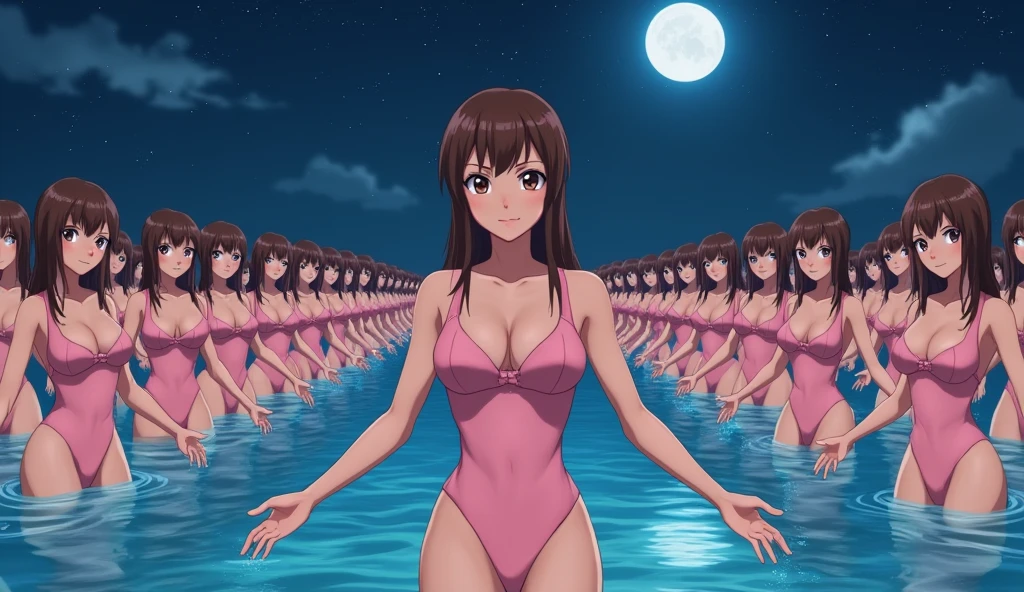 ((anime character Clone-girls Art)), ((anime style)), ((Best Super High quality Clone-girls illustration Art)), (((16K, Highest quality, Ultra-high resolution))), (((((It&#39;s a very unrealistic and delusional worldview.))))), Brown haired girl, hazel eyes, caucasian, fair skin, pink Swimwear, Very detailed beautiful female body, Very detailed, perfect body structure, ((Big Breasts)), (((A seductive smile))), ((((((((Highly detailed cloning depiction, 1girl-1,000,000clone-girls)))))))), (Very detailed, The detailed depiction of the proliferation of Clone-girls, ((With perfectly identical Clone-girls&#39; bodies, With the exact same face as Clone-girls, With the exact same hairstyle as Clone-girls, Dressed exactly like the Clone-girls, Exactly the same height as the Clone-girls, perfectly cloned girls with super big breasts), (((((1,000,000,000,000,000Clone-girls))))), (Very detailed depiction, From the surface of the water, 100,Over 000 people, Clone-girlsが, From face to upper body, Repeated extension々And wells up), night, Starry sky and full moon, walk, Approaching here, １The girl in the row holds out her hand