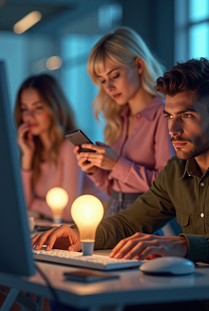 A guy with military hair using the computer, a blonde woman using her cell phone, and a brunette woman in a pink blouse with a light bulb in her hand 