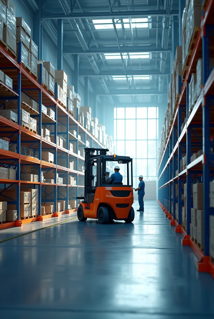 Realistic image of men working on factory warehouse by robotic lift truck. it's a big factory and modern with blue and white colors indoor. also it's based on 
Netherlands and there is sample of this country. orange color