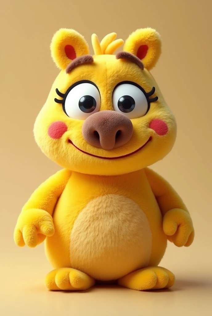Yellow plush puppet with big eyes, thick eyebrows and a big brown nose with a nose piercing