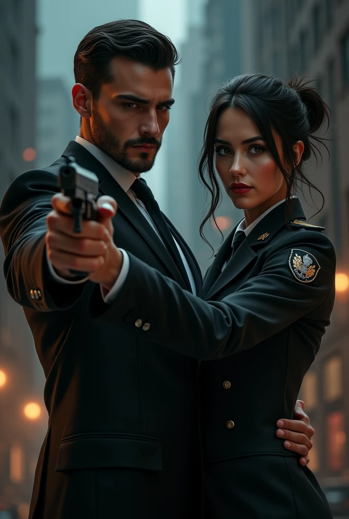 A MAFIA MAN, YOUNG WHITE MAN WITH BLACK HAIR AND A SLIGHT BEARD WITH A GUN IN HAND AND NEXT TO HIM A WOMAN IN A MILITARY UNIFORM WITH A GUN IN HAND THAT WOMAN LOOKS LIKE MEGAN FOX