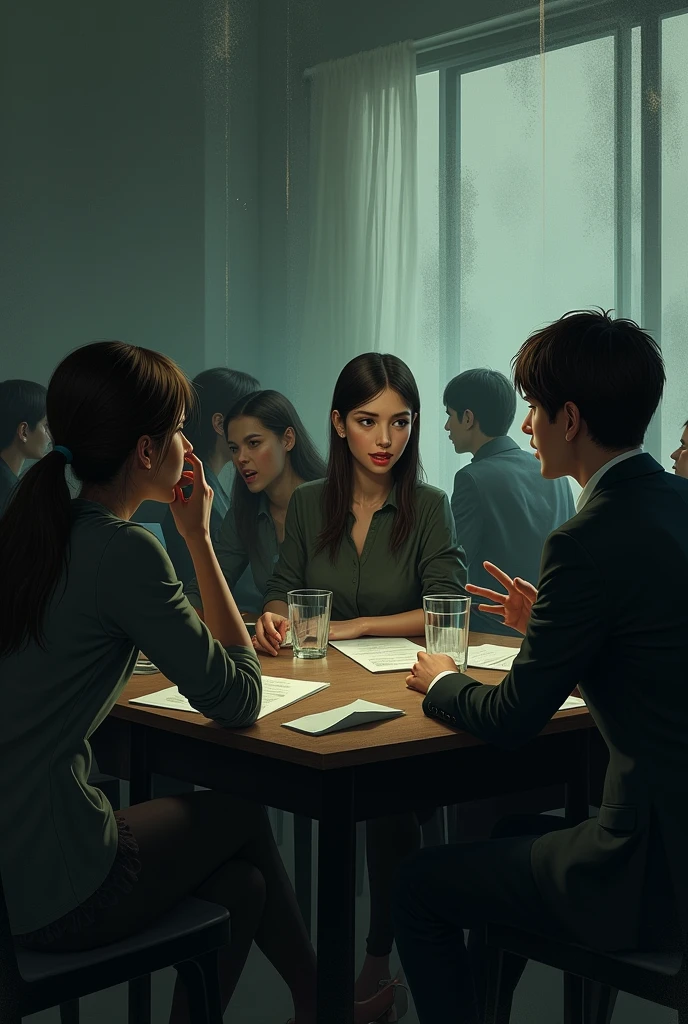 Create an image that represents a scene of social interaction with elements that symbolize different communication and connection strategies. The scene could include people in an everyday setting, such as an office or a cafe, interacting in a friendly and engaging way. The image should have a darker feel.