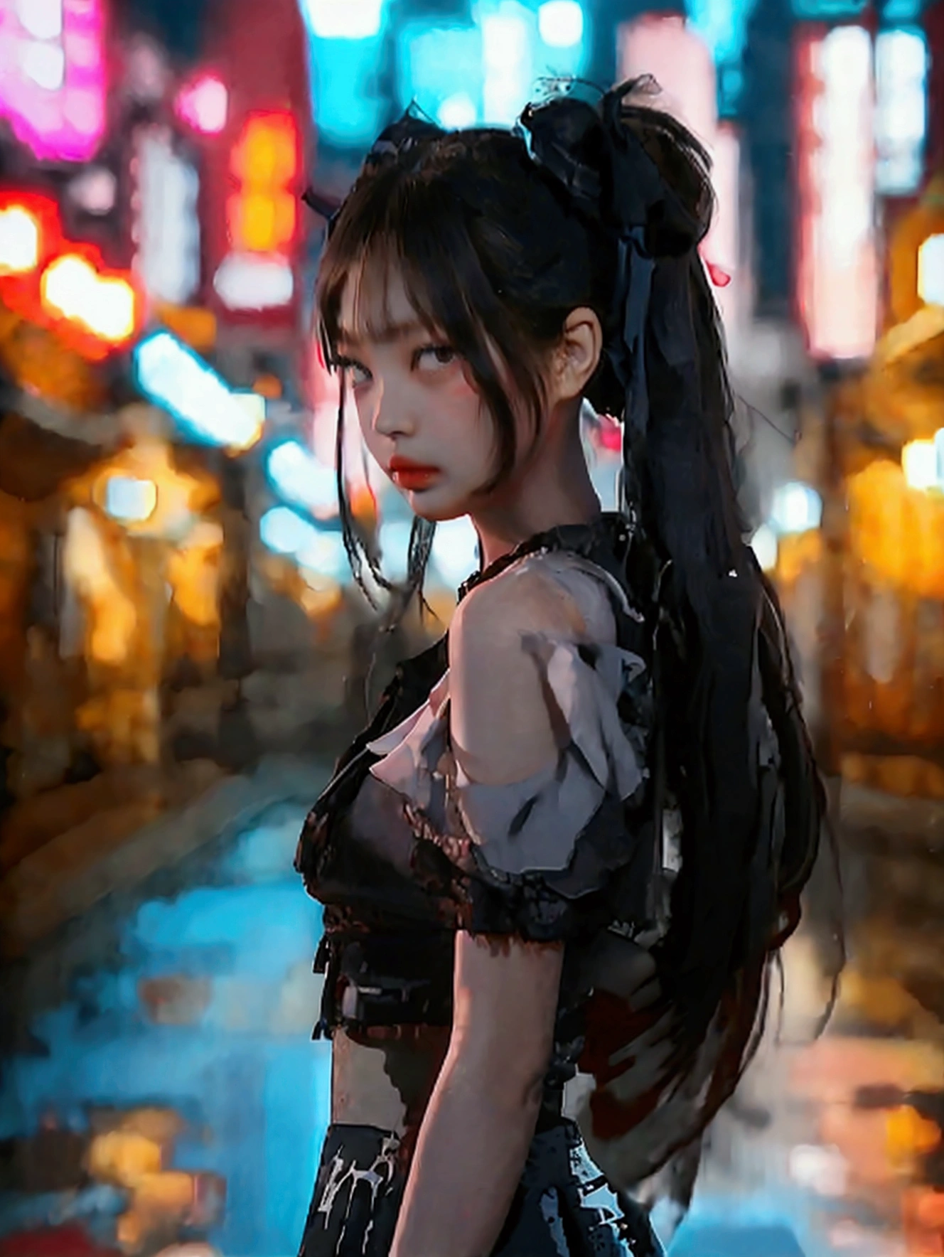 skirt, ((jennie kim)), max quality, jirai kei attire, nítido, best cloth quality, detailed face, cute pigtails hairstyle, black hair, stand pose, realista, beautiful legs, wide pelvis, cybercity in background