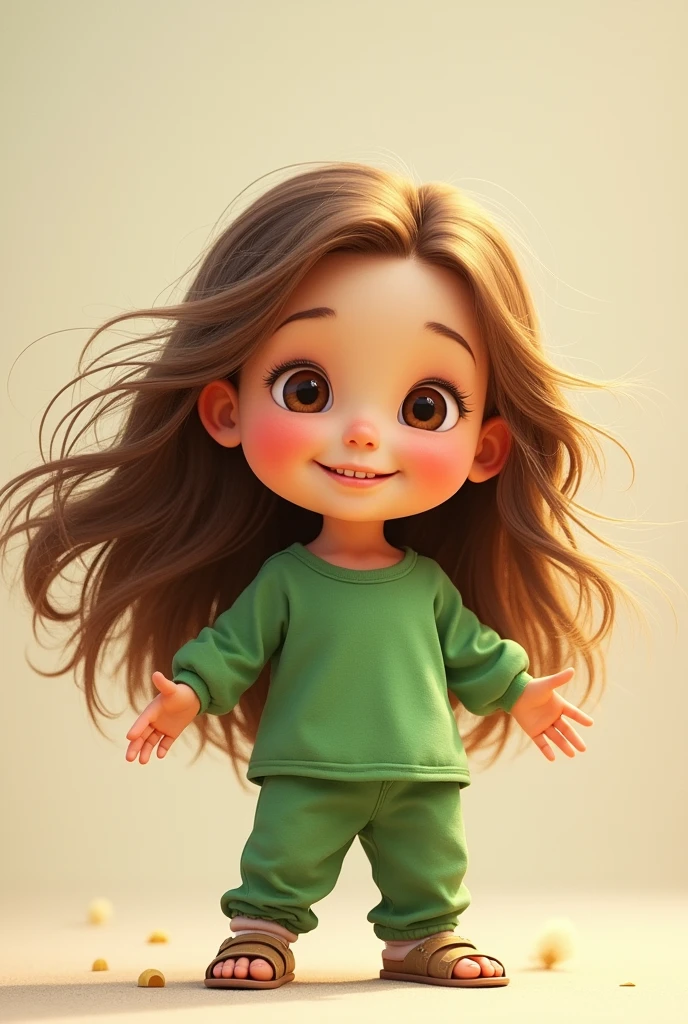  child with long brown blonde hair green clothes making a cute pose