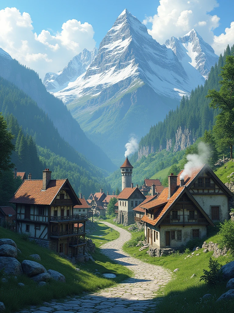 Show the picturesque village surrounded by mountains --ar16:9