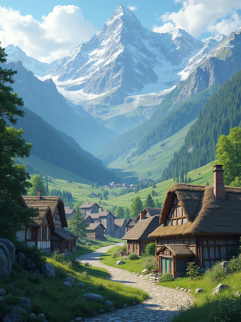 Show the picturesque village surrounded by mountains --ar16:9