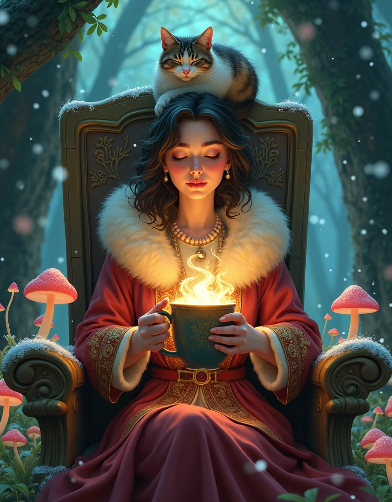 Ghibli Studio style, vibrant colors, close-up of a beautiful enchantress's hands holding a mug overflowing with swirling, luminescent mist. She wears a richly embroidered mage coat with fur accents, seated in a throne carved from a living tree that glows with runes. A calico cat sleeps peacefully on her head, glowing mushrooms around, snowflakes drifting into her grove dwelling, a sense of powerful yet gentle magic.