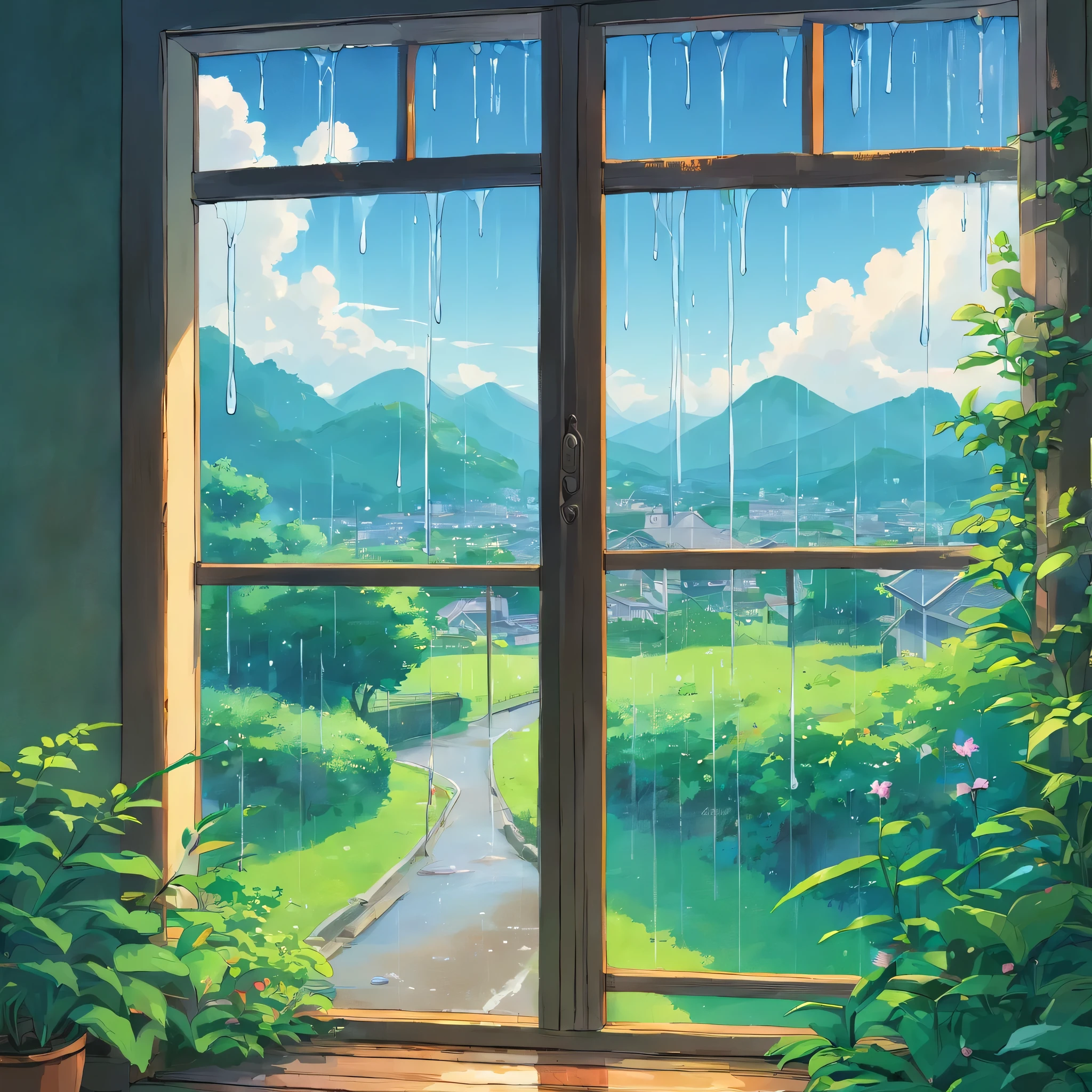 The view from the window glass、Glass with dripping water、in the rain、Cloudy、heavy rain、high resolution、Cloudy、Photorealistic Stick、Calm down、Japan townscape、Electric pole、A little bit of nature、Paved roads、Emotional、Countryside view、panorama、Wide angle、scenery、rain、garden、Public phone、post、ズームアウト✕2、garden、