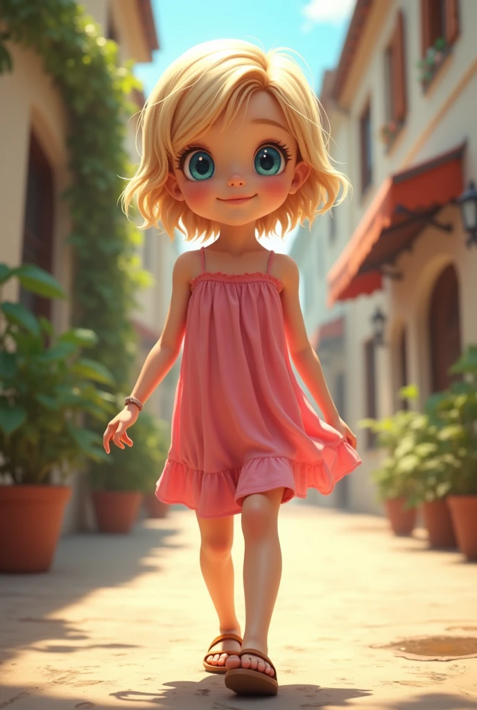 a girl, blonde, short hair
neck height, tall blue eyes, wears a pink dress with shoulder straps walking down the street with sandals, full body, frontal view, Close-up, realistic