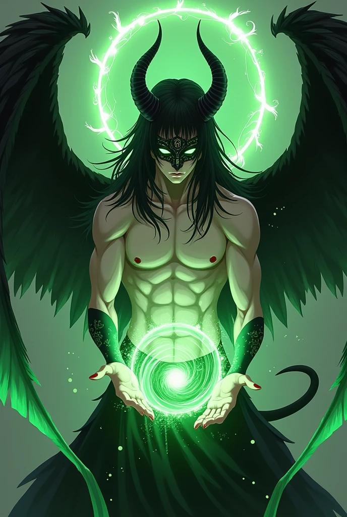masterpiece, best quality, ultra high res, beatiful, stunning, elegant, incredible details, detailed, aura, flying feathers, (bright green theme:1.1), perfect drawn face, glowing lightning green eyes, cinematic lighting, ultra-high quality, 8k, full body, man, long flowing black hair, handsome and delicate face, pale white skin, Black long skirt, (no shirt, abs:1.1) green details, (Dark magical energy enveloping arms:1.1), looking at viewer, posing, charging a green energy with hands, dnd, cifer ulquiorra, big claws, (black mask with green runes covering the entire face:1.1), (four wings:1.4),(big angelical black wings:1.2), (black halo overhead:1.2), (big black demonic tail:1.2), Simple background, solo, grin, evil looking, dark souls, menacing, (anime style:1.5), floating hair