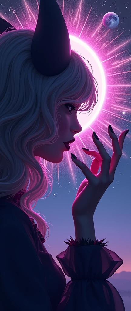 Extreme closeup of the hand of a sophisticated Gengar Goddess. Her wavy hair covers half of her. Perfect digital sketch perfect back of a 3D Sun Star moon earth planet galaxy Globe rounded ass, model. demi_treasure. Perfect woman. by darucast, architecture, fashion, photo, vibrant, anime, cinematic, dark fantasy, illustration, 3d render