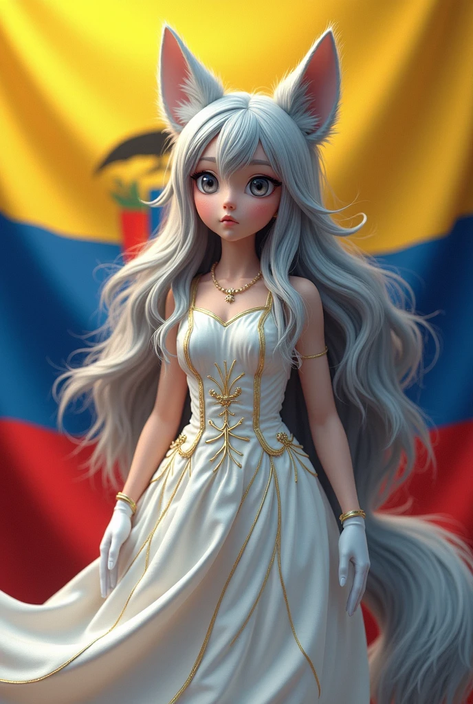 A long-haired grey furry girl with a tail and wolf ears holding the flag of Ecuador, She is wearing a white dress with gold lines and gloves