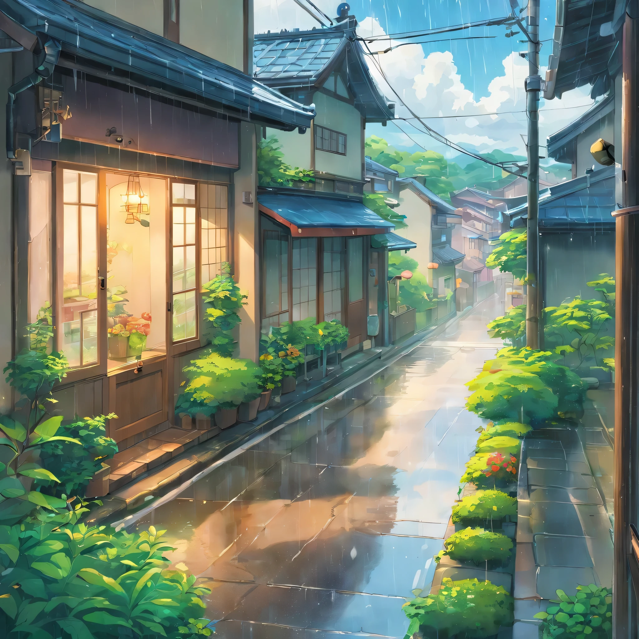 The view from the window glass、Glass with dripping water、in the rain、Cloudy、heavy rain、high resolution、Cloudy、Photorealistic Stick、Calm down、Japan townscape、Electric pole、A little bit of nature、Paved roads、Emotional、Countryside view、panorama、Wide angle、scenery、rain、garden、Public phone、post、ズームアウト✕2、garden、