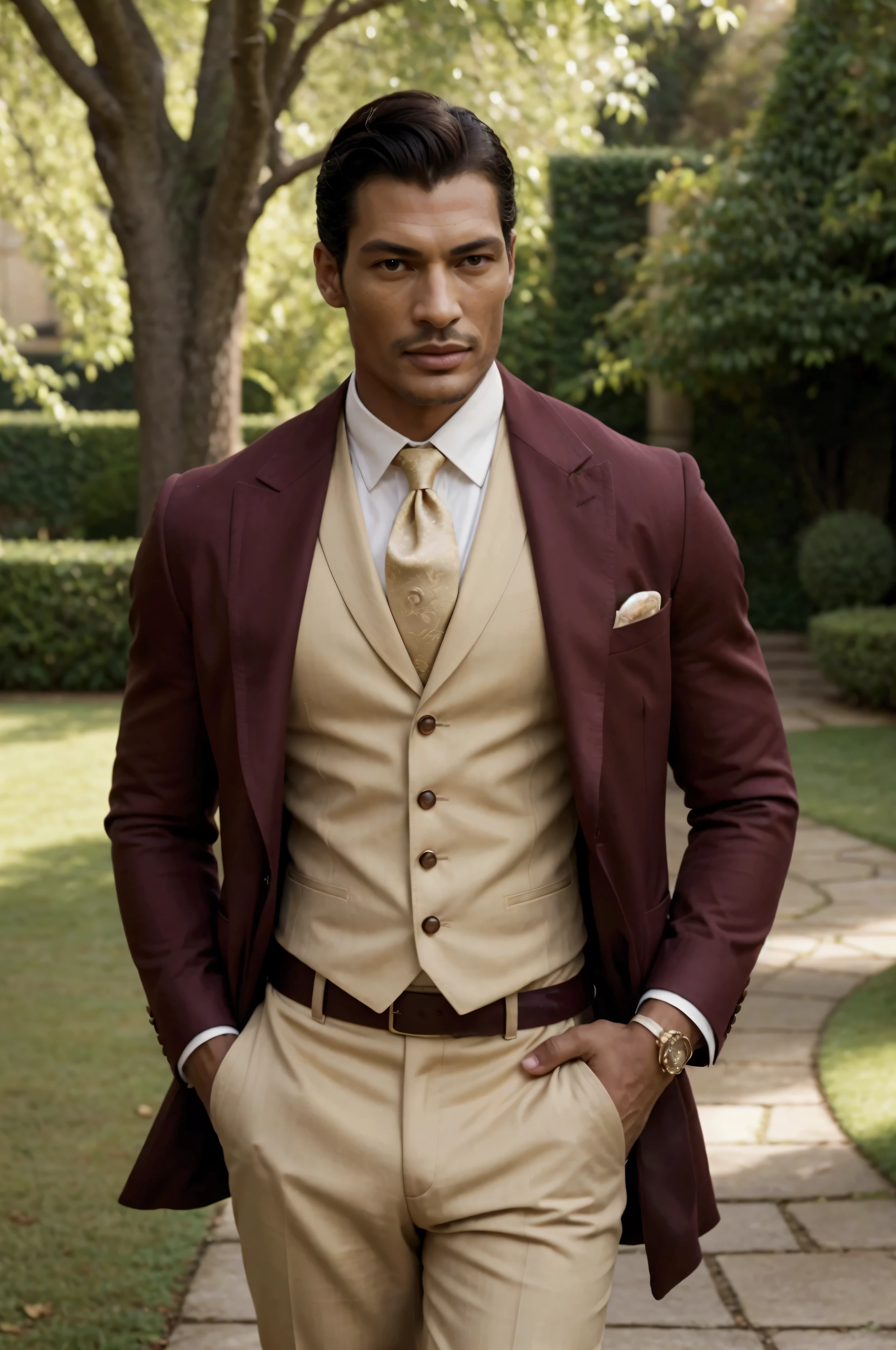 Create an elegant retro vintage fashion scene featuring a male model of African descent, resembling David Gandy. The model has an athletic figure with a striking, masculine physique and a captivating presence. He is dressed as a British prince, wearing a tailored, vintage-inspired royal outfit that includes a finely crafted velvet jacket adorned with intricate embroidery, but he is shirtless beneath the jacket, showcasing his toned physique. The scene is set in a lush royal garden, with manicured hedges and vibrant flower beds creating a picturesque backdrop. The warm sunlight filters through the leaves of ancient trees, casting dappled shadows on the ground and enhancing the regal atmosphere. The model stands confidently on a stone pathway, embodying the grace and poise of royalty. His jacket is elegantly fitted, accentuating his athletic build and the definition of his muscles. The rich colors of the fabric reflect the opulence of royal attire, while the absence of a shirt adds a bold and sensual touch to the ensemble. A decorative brooch glimmers on his lapel, adding a touch of refinement. The model's pose is both regal and relaxed, with one hand resting casually in his pocket and the other gently holding a vintage cane, showcasing his noble demeanor. His gaze is directed towards the camera with a charming and charismatic expression, embodying the classic style and elegance of a British prince. The warm, ambient lighting and slight film grain effect accentuate the retro vintage atmosphere, making the scene feel both timeless and stylish. Filmed on ARRI ALEXA 65, with bokeh and sharp focus on the subject, shot by Don McCullin. The atmosphere should exude a sense of artistic expression with a retro vintage touch, where the model embodies the essence of classic fashion—elegant, refined, and timeless—amidst the enchanting beauty of a royal garden.