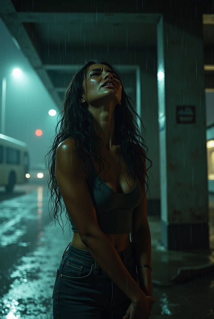 Young Triqueña woman, screaming and crying at a bus station, at night, under a rain crying for a loved one 