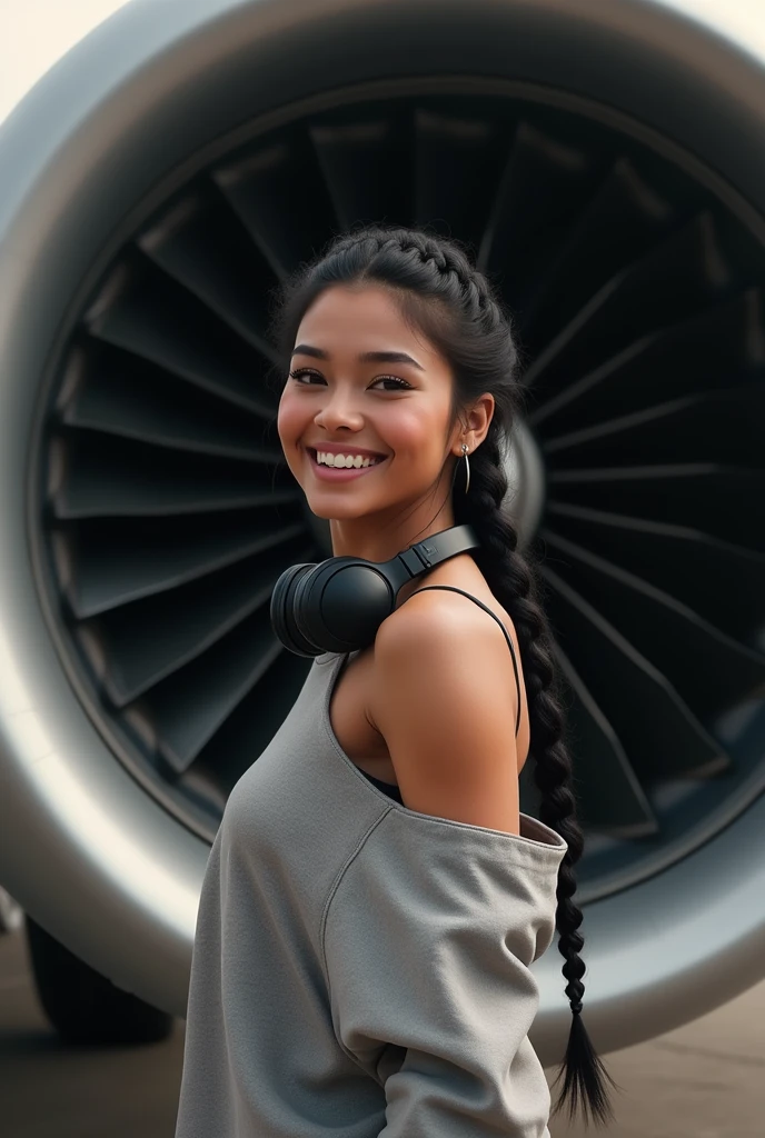 (photorealism: 1.2), hot brazilian sexy girl in sexy dynamic pose. raw portrait photography, hyper realistic and detailed face, complex and realistic skin texture, hot body, athletic body, smiling, long black hair with a braid, dressed with a long sweatshirt in front of the turbo jet engine of an airplane with headphones on her ears