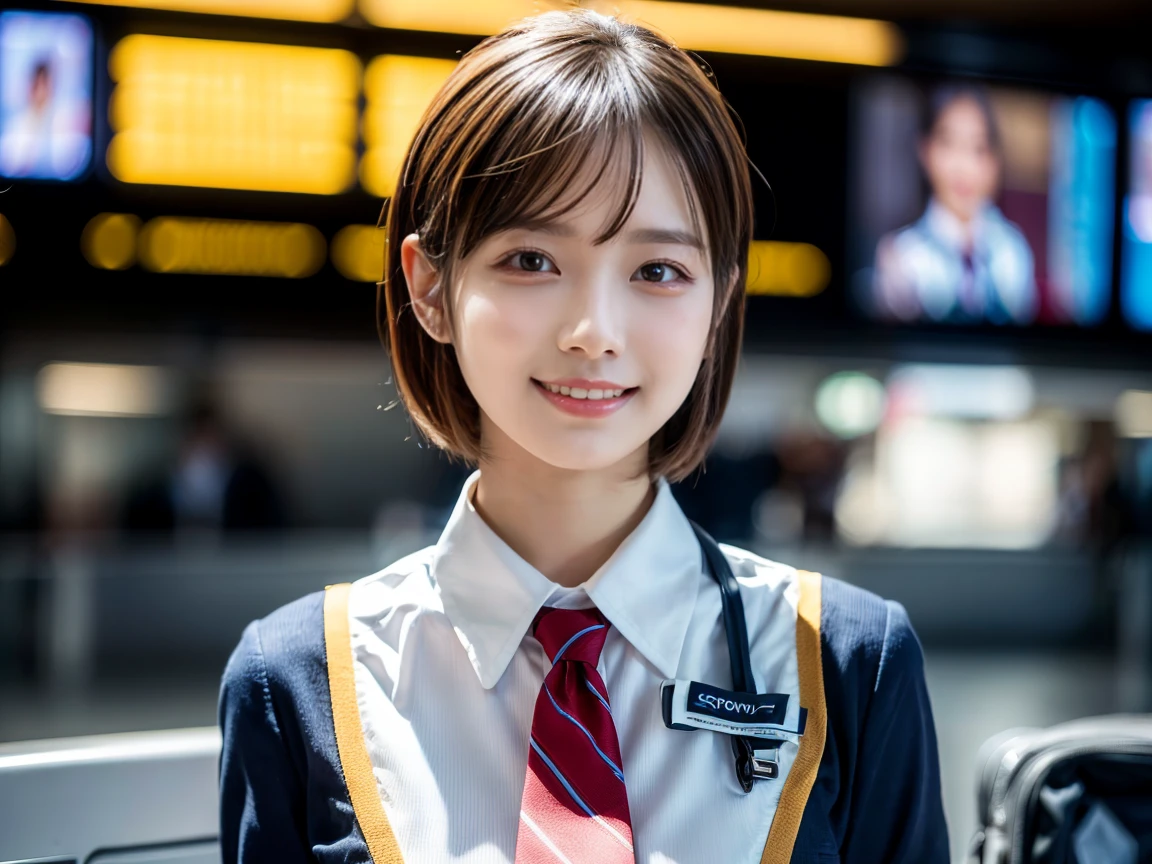 (Elevation)(Stewardess Uniform)Mix 4,Super detailed (8k, RAW Photos, 最high quality, masterpiece: 1.45), (Realistic, Realistic: 1.37), (Ultra-high resolution)(Textured skin)(Very detailed)(high quality)(最high quality)(First Person View)Cute Woman,smile ,airport,short hair