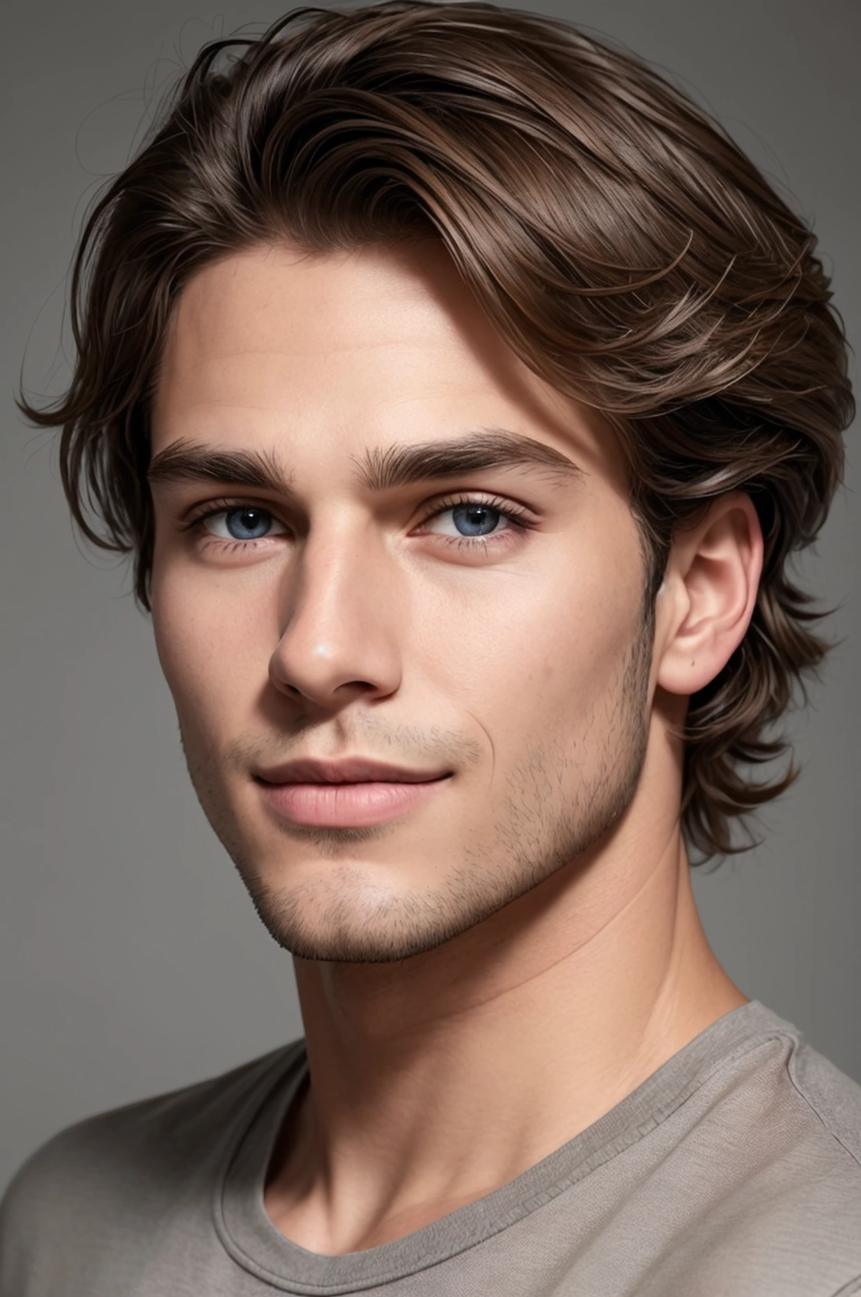 "Create a portrait of a young man 2. The man should have a charming, boyish look with a strong yet gentle facial structure. His hair is medium-length, wavy, and light brown, casually styled with a natural flow. His eyes are a warm, piercing blue, radiating a friendly and approachable energy. He has a well-defined jawline with a slight stubble, adding a touch of ruggedness. His expression should be relaxed and slightly playful, with a hint of a smile. The background should be neutral and softly lit, emphasizing the youthful and charismatic features of the man's face.