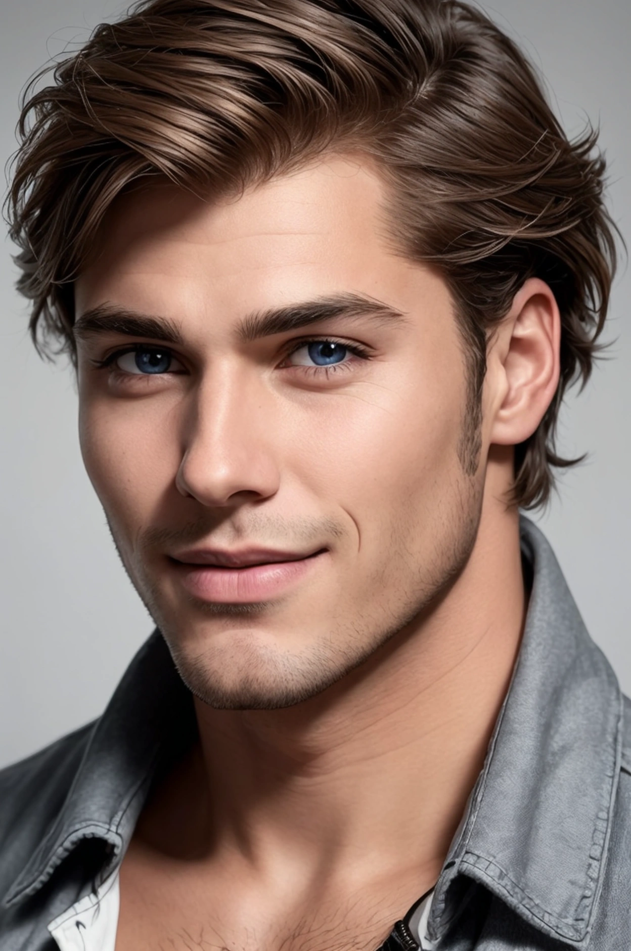 "Create a portrait of a young man 2. The man should have a charming, boyish look with a strong yet gentle facial structure. His hair is medium-length, wavy, and light brown, casually styled with a natural flow. His eyes are a warm, piercing blue, radiating a friendly and approachable energy. He has a well-defined jawline with a slight stubble, adding a touch of ruggedness. His expression should be relaxed and slightly playful, with a hint of a smile. The background should be neutral and softly lit, emphasizing the youthful and charismatic features of the man's face.