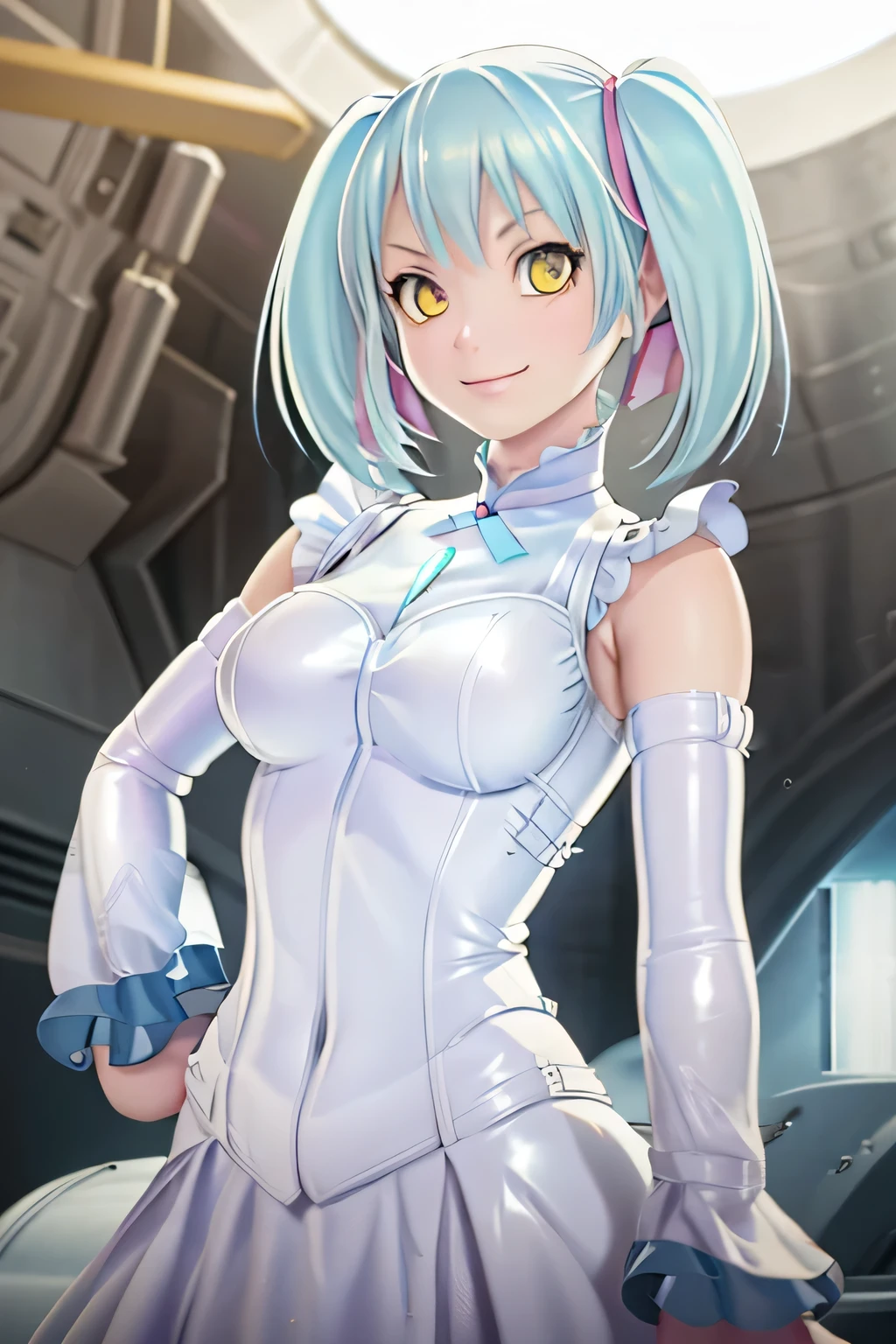 Perfect Anatomy　Highest quality,Highest Resolution,(((White latex dress　Light blue hair)))　[blurry]　16K　Removable sleeves　Sleeveless dress　Yellow Eyes　Advance Wars Tabitha　Wicked Smile　tank