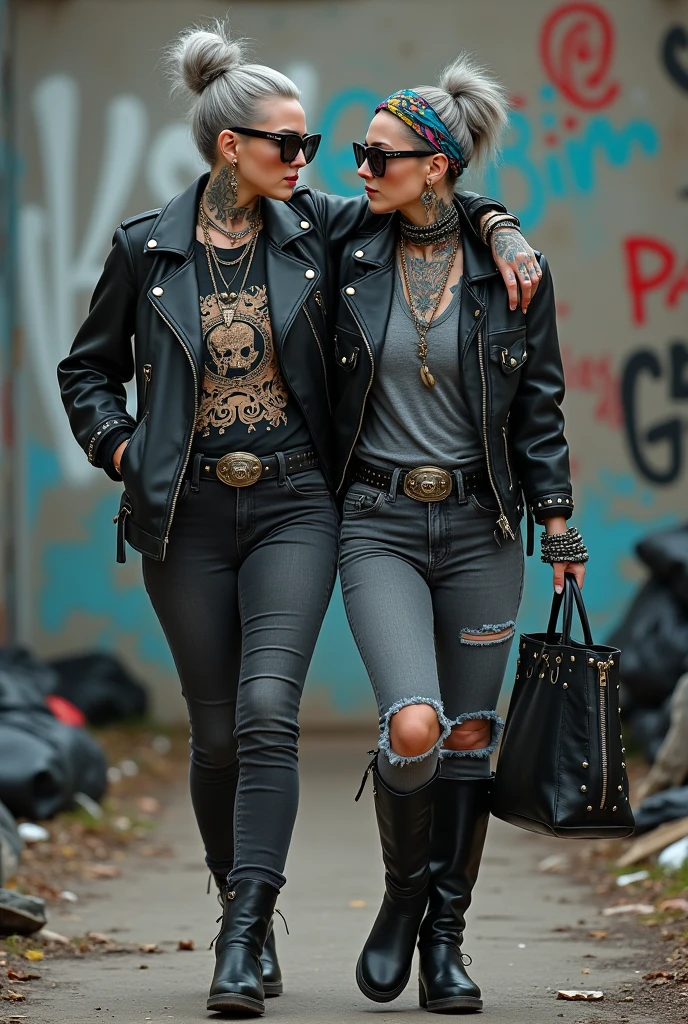 Two russian milf women, the taller one with the arm over the shoulder of the smaller one, seducing her. grey hair (one: bouffant, top bun. The other, straight and middle part}and one wearing oversized square sunglasses and wide colourful bandana as headband), with very light green eyes, extremely pale. Big lips. No tan. Wearing aged black moto jacket (zippers on the side, skull and bones pins). Both: old worn dark grey t-shirt with witchcraft logos. Both,, dark skinny low rise grey jeans with holes on knees ( patched with colourful fabric). Both:, dark grey worn jeans {with holes on knees) tucked in black leather knee high boots. . Lots of thick wide studded bracelets, chain collars and big rings. Both, high boots. Tacky wide studded leather belt with big skull and bones oval buckle. Long earrings with chains and feathers. Walking with hands in pockets, stretching her neck, craving., Neck, chest, stomach and wrists heavily tattoed. Toned abdominals, thin neck, slim legs and thin arms. Narrow hips and slim legs. Black leather studded tote bags. Graffitied wall behind, waste on the groun and piled garbage bags around.