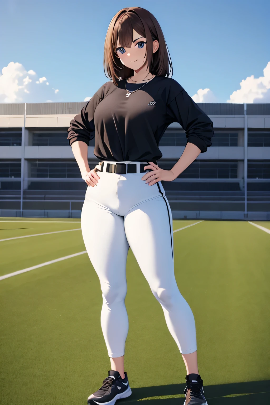 [((masterpiece)), ((HD)), ((a high resolution)), ((full length portrait)), ((belt)), ((foreground)), ((detailed shading)), ((Soft textures)), ((complex parts)), ((anime girl)), ((cinematic)), {attractive; ((3 woman)), (Brown hair), (short tail), (cute blue eyes), ((athletic body)), (curvy hips), (nice legs), (nice smile)}, {(White T-shirt), (Black gym sweatpants), (whistle necklace), (black tennis shoes)}, {(standing), (Hands on hips), (Looking ahead), (I look at the viewer)}, [background; (grassy plains), (school football field), (blue sky), (Clouds in the sky), (ambient lighting)]
