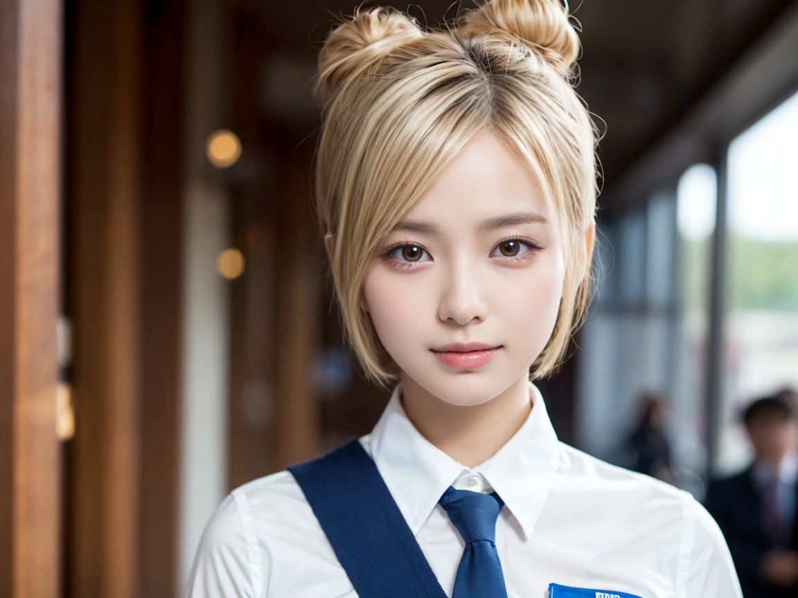 Highest quality, masterpiece, 8k, Ultra-high resolution, (Realistic: 1.4), 1 person, Beautiful Face, Symmetrical eyes, big, Perfect Body Proportions, ((Buns pats、Very short hair))、(blonde), Stewardess Uniform, The viewer's gaze, (Inside the airport: 1.2), Front view, Absolute area (1.3),smile