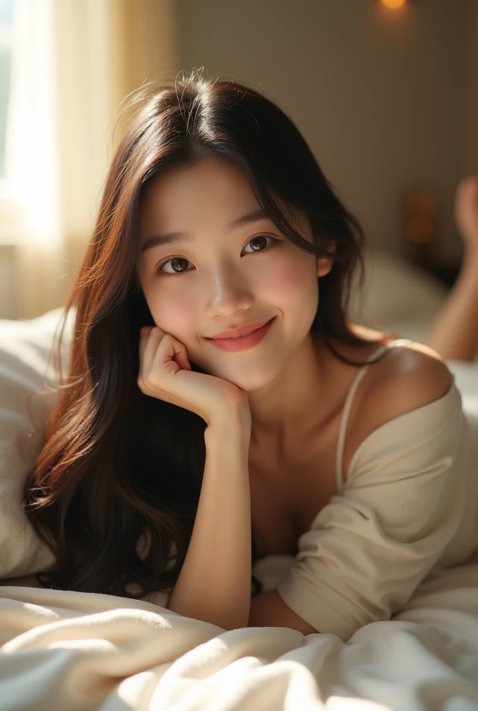 cute korean girl lying in bed with a beautiful smile, 1girl, bedroom interior, soft lighting, peaceful atmosphere, detailed facial features, long hair, beautiful eyes, cute smile, bare feet visible, relaxing pose, photorealistic, (best quality,4k,8k,highres,masterpiece:1.2),ultra-detailed,(realistic,photorealistic,photo-realistic:1.37),HDR,UHD,studio lighting,ultra-fine painting,sharp focus,physically-based rendering,extreme detail description,professional,vivid colors,bokeh,digital art