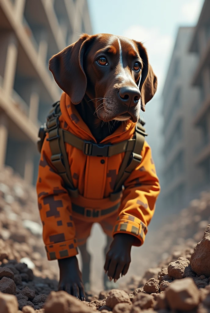 A German Shorthaired Pointer , head color brown with a white stripe in the middle that goes from the forehead to the muzzle, with large brown spots and stains on the body , wearing a military uniform vest from the fire department of the state of Rio de Janeiro, the uniform is orange with pixelated brown camouflage throughout the uniform, This dog is sitting in the middle of the rubble of a building collapse, the dog acts in the search for people