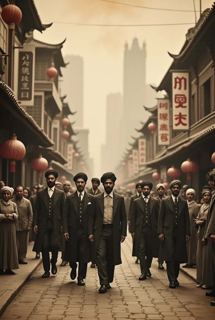 Archive photography sepia effect worn damaged. Scene from life in the year 1917. Historical value. Panoramic view of the famous Nanjing Road in Shanghai. A group of policemen in suits with turbans on their heads from the Indian continent parading around the Chinese villagers. Pancartes avec inscriptions chinoises sur les devantures de magasin. Dull Sepia Colors. Lanterns lit