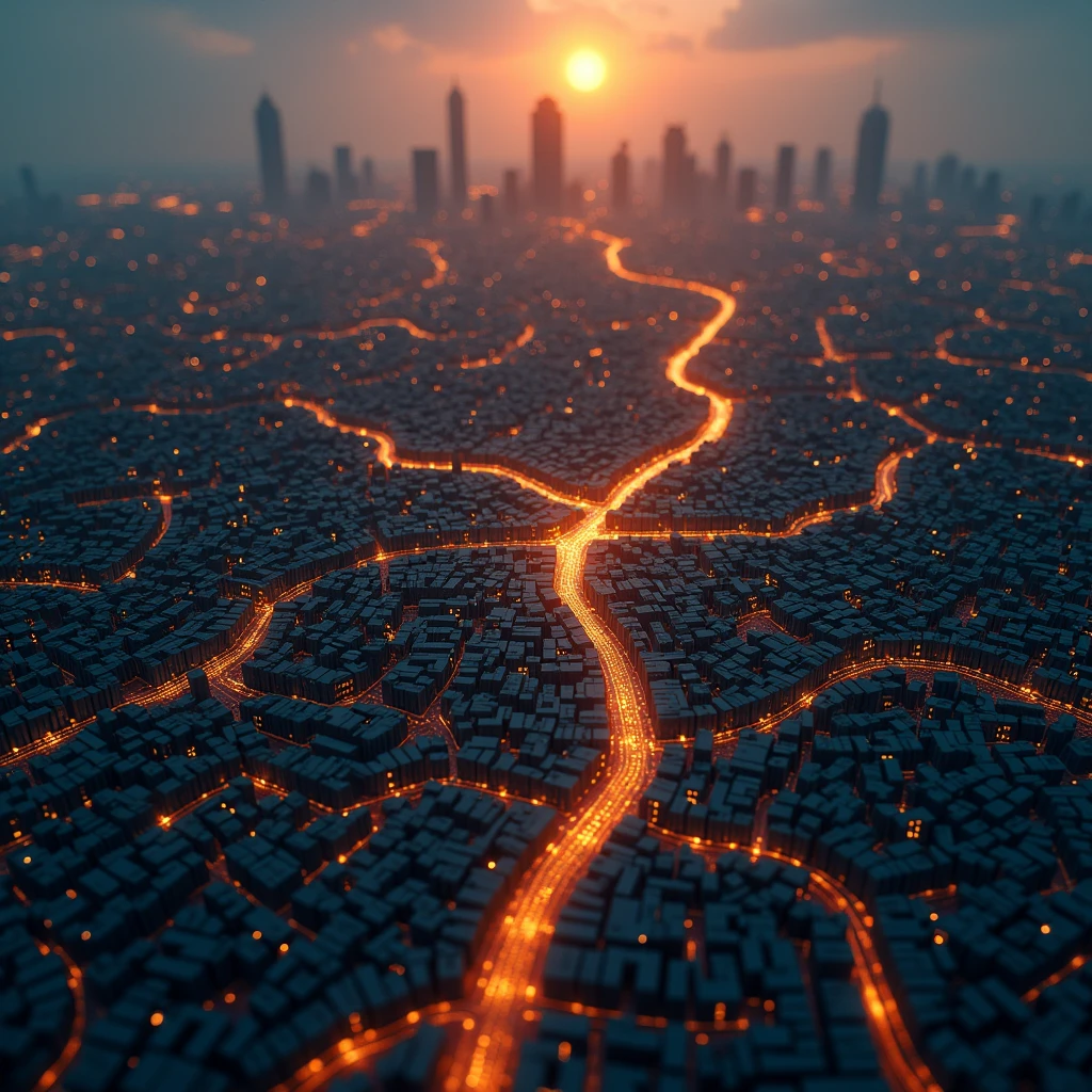 generate a 3D 4k map of Dhaka city, that highlights the map with golden reflects. dark blue, dark red effect as background