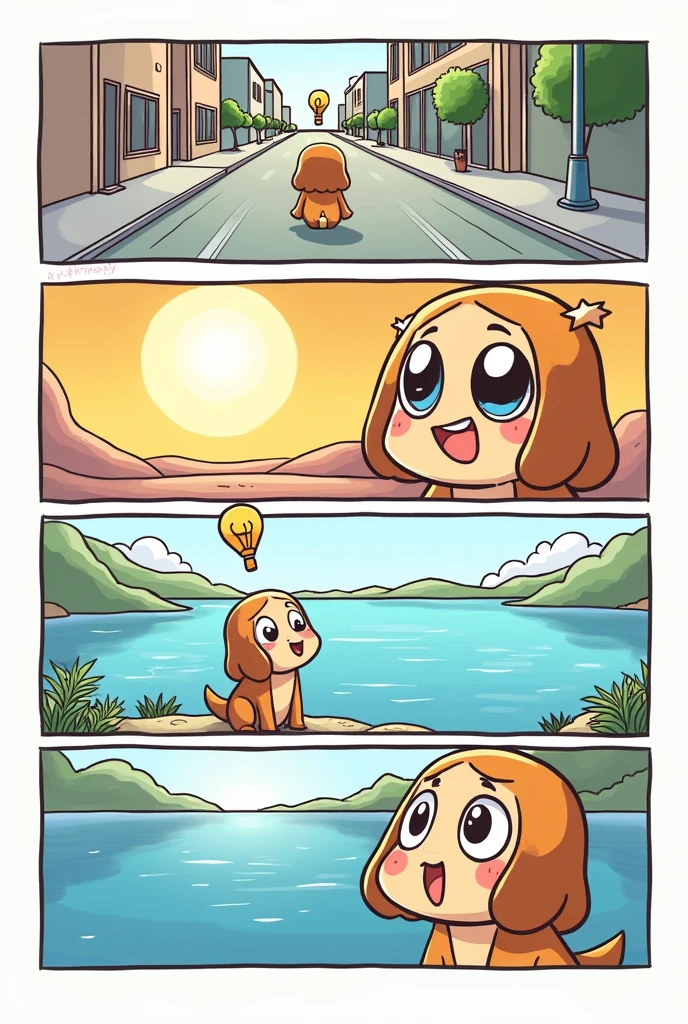 4-panel mini comic with animated character. In frame 1 the character is bored. In vignette 2 the character thinks of sweet lake. In vignette 3 the character has an idea. In cartoon 4 he is happily walking down the street eating a churro