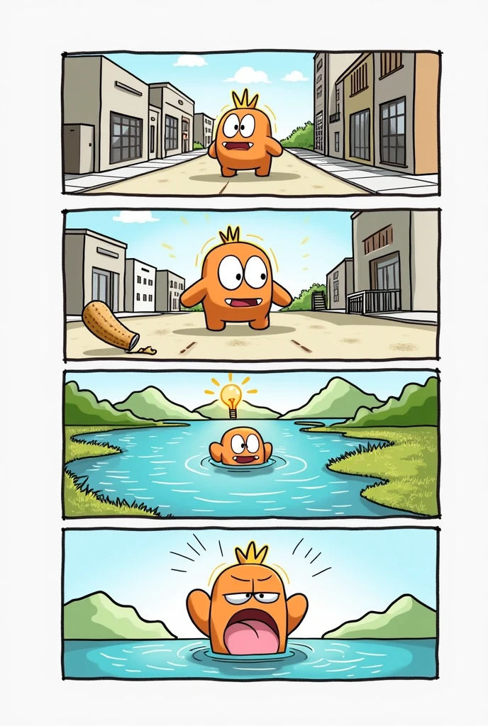 4-panel mini comic with animated character. In frame 1 the character is bored. In vignette 2 the character thinks of sweet lake. In vignette 3 the character has an idea. In cartoon 4 he is happily walking down the street eating a churro