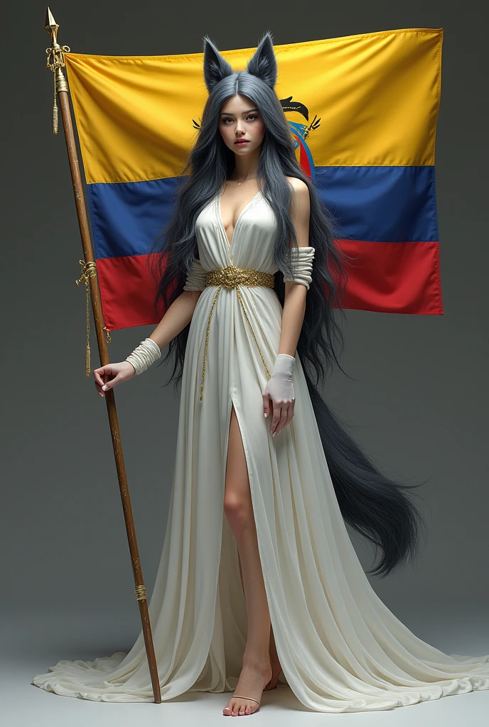 a dark grey long haired Furry girl with a tail and wolf ears holding the flag of Ecuador, She is wearing a white dress with gold lines and gloves