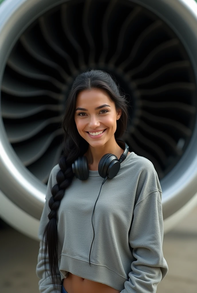 (photorealism: 1.2), hot brazilian sexy girl in sexy dynamic pose. raw portrait photography, hyper realistic and detailed face, complex and realistic skin texture, hot body, athletic body, smiling, long black hair with a braid, dressed with a long sweatshirt in front of the turbo jet engine of an airplane with headphones on her ears