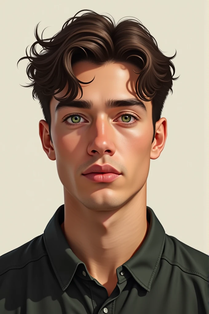 Young man in his twenties, brownhair, greenish eyes, marked jaw, offwhite.