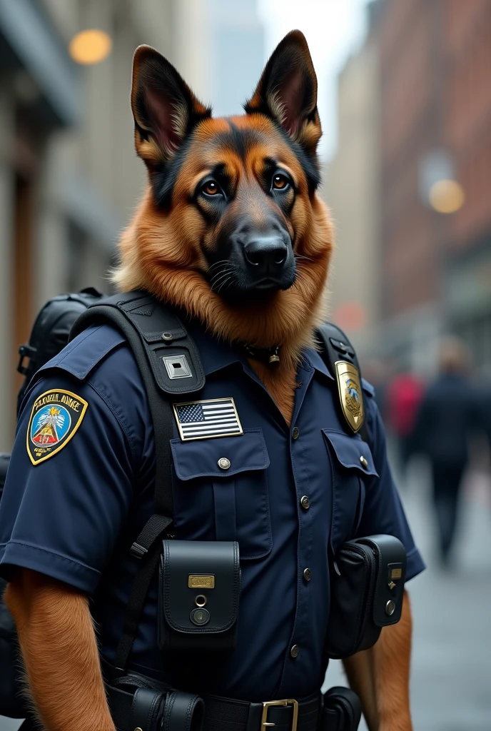 A police dog that combines realism and authority. His fur is textured, and his police uniform shows the seriousness and dedication of a member of law enforcement. 🐶👮♂️ Para ser un perro increíble