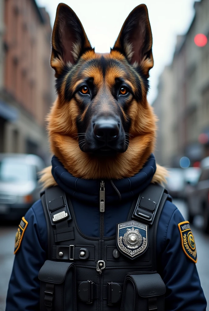 A police dog that combines realism and authority. His fur is textured, and his police uniform shows the seriousness and dedication of a member of law enforcement. 🐶👮♂️ Para ser un perro increíble