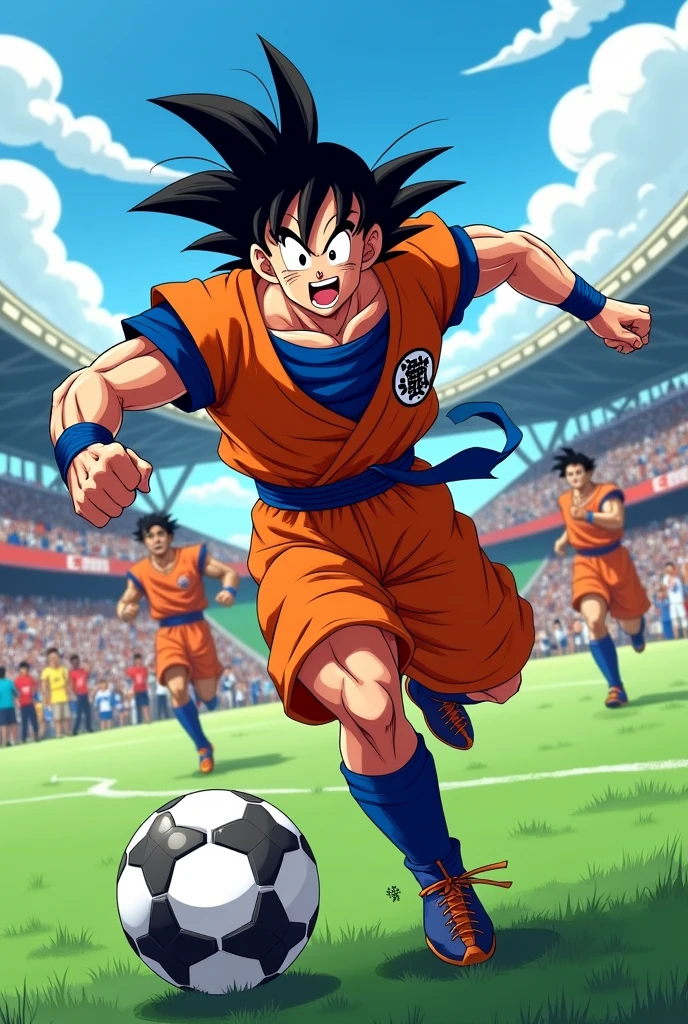 Goku playing soccer and wins