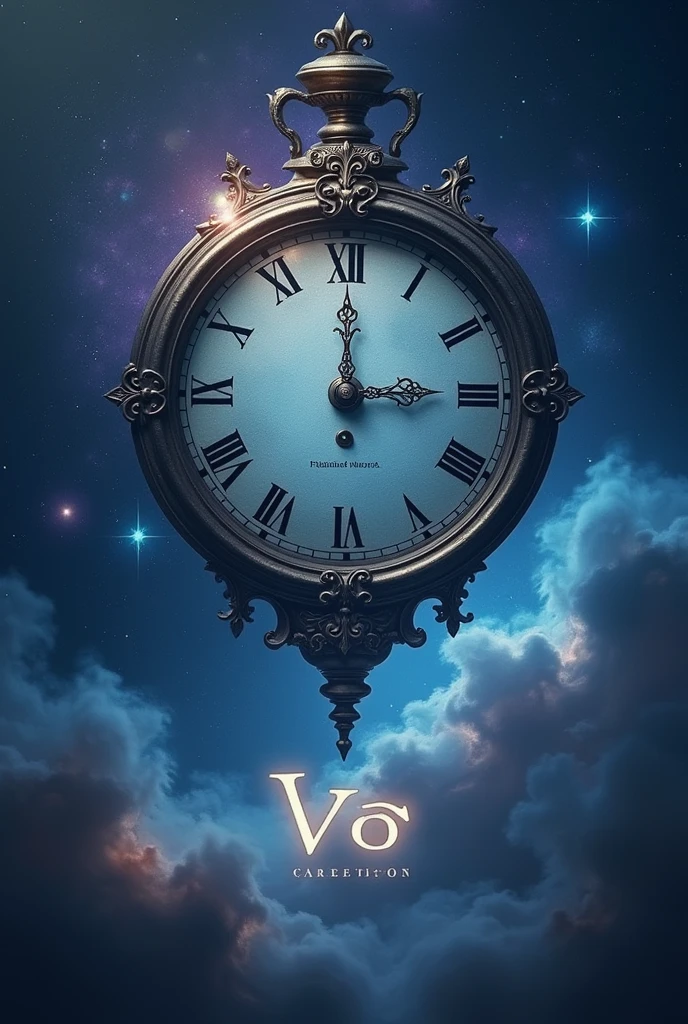 The background is a deep, starry space, with nebulae and galaxies in shades of blue and purple. At the center, an old clock with floating hands, partially blurred and rotating, is surrounded by a luminous aura. The title "Vô" is in elegant silver letters, with a glowing effect that gives the feeling of a dimension beyond time.
