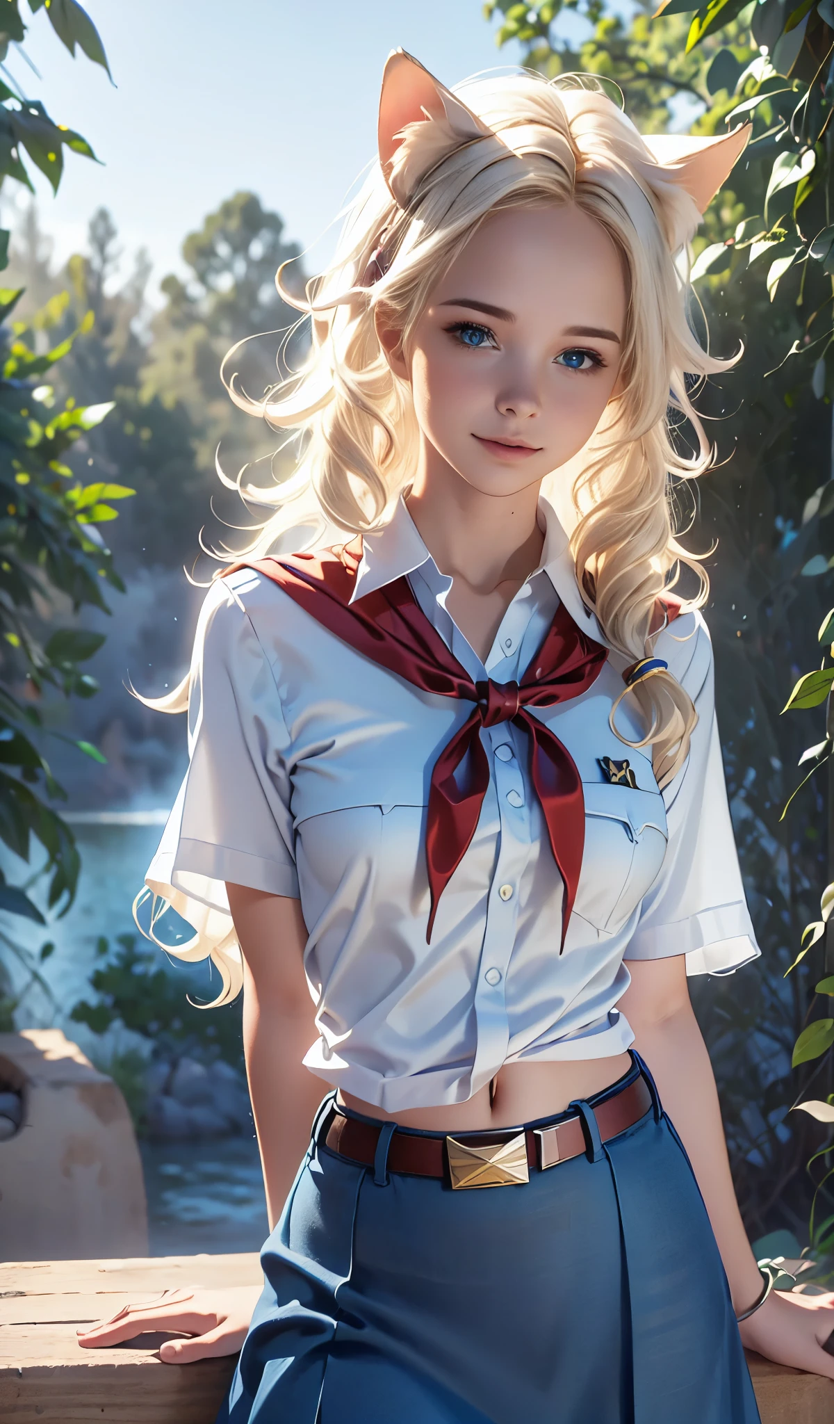 high quality picture, UHD, perfect light, detailed picture, masterpiece, very young slim fit girl, full height, rounded face, (long curly disheveled blond hair:1.4), big blue eyes, shy smile, perfect medium breast, band on head with fake cat ears, monroe, pioneer neckerchief, short tight blue pleated skirt, bangs, tight white shirt, short sleeves, collared shirt, belt, red neckerchief, breast pocket