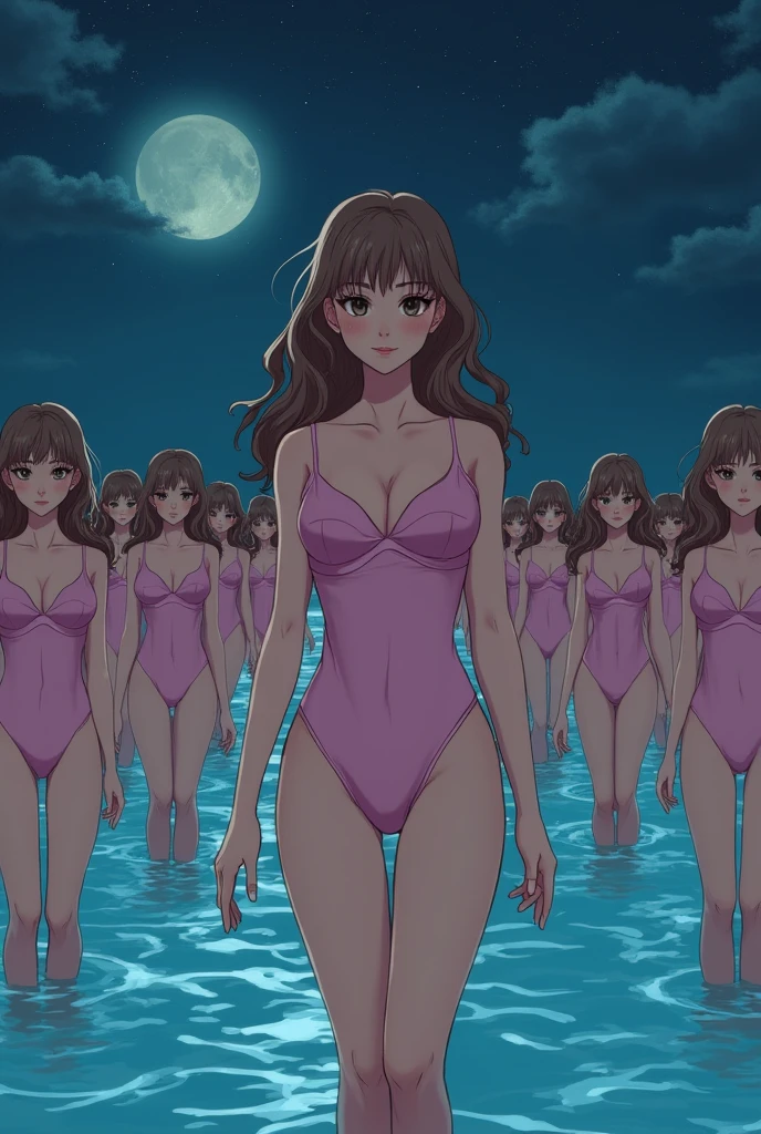 ((anime character Clone-girls Art)), ((anime style)), ((Best Super High quality Clone-girls illustration Art)), (((16K, Highest quality, Ultra-high resolution))), (((((It&#39;s a very unrealistic and delusional worldview.))))), Brown haired girl, long curly brown hair, hazel eyes, caucasian, fair skin, pink Swimwear, Very detailed beautiful female body, Very detailed, perfect body structure, ((Big Breasts)), (((A seductive smile))), ((((((((Highly detailed cloning depiction, 1girl-1,000,000clone-girls)))))))), (Very detailed, The detailed depiction of the proliferation of Clone-girls, ((With perfectly identical Clone-girls&#39; bodies, With the exact same face as Clone-girls, With the exact same hairstyle as Clone-girls, Dressed exactly like the Clone-girls, Exactly the same height as the Clone-girls, perfectly cloned girls with super big breasts), (((((1,000,000,000,000,000Clone-girls))))), (Very detailed depiction, From the surface of the water, 100,Over 000 people, Clone-girlsが, From face to upper body, Repeated extension々And wells up), night, Starry sky and full moon, walk, Approaching here, １The girl in the row holds out her hand