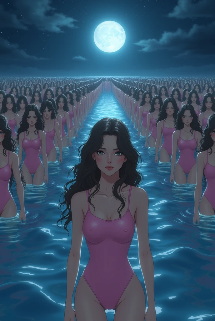 ((anime character Clone-girls Art)), ((anime style)), ((Best Super High quality Clone-girls illustration Art)), (((16K, Highest quality, Ultra-high resolution))), (((((It's a very unrealistic and delusional worldview.))))), Brown haired girl, long curly brown hair, hazel eyes, caucasian, fair skin, pink Swimwear, Very detailed beautiful female body, Very detailed, perfect body structure, ((Big Breasts)), (((A seductive smile))), ((((((((Highly detailed cloning depiction, 1girl-1,000,000clone-girls)))))))), (Very detailed, The detailed depiction of the proliferation of Clone-girls, ((With perfectly identical Clone-girls' bodies, With the exact same face as Clone-girls, With the exact same hairstyle as Clone-girls, Dressed exactly like the Clone-girls, Exactly the same height as the Clone-girls, perfectly cloned girls with super big breasts), (((((1,000,000,000,000,000Clone-girls))))), (Very detailed depiction, From the surface of the water, 100,Over 000 people, Clone-girlsが, From face to upper body, Repeated extension々And wells up), night, Starry sky and full moon, walk, Approaching here, 1The girl in the row holds out her hand
