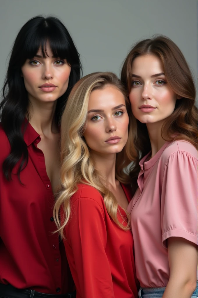 One with black military hair, a blonde woman with a red blouse, a brunette woman in a pink blouse