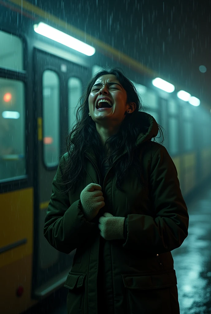 Young Triqueña woman, screaming and crying at a bus station, at night, under a rain crying for a loved one, with a coat and gloves and sad