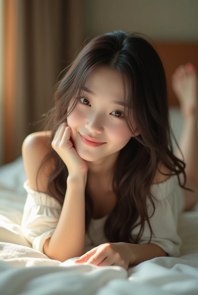 cute korean girl lying in bed with a beautiful smile, 1girl, bedroom interior, soft lighting, peaceful atmosphere, detailed facial features, long hair, beautiful eyes, cute smile, bare feet visible, relaxing pose, photorealistic, (best quality,4k,8k,highres,masterpiece:1.2),ultra-detailed,(realistic,photorealistic,photo-realistic:1.37),HDR,UHD,studio lighting,ultra-fine painting,sharp focus,physically-based rendering,extreme detail description,professional,vivid colors,bokeh,digital art