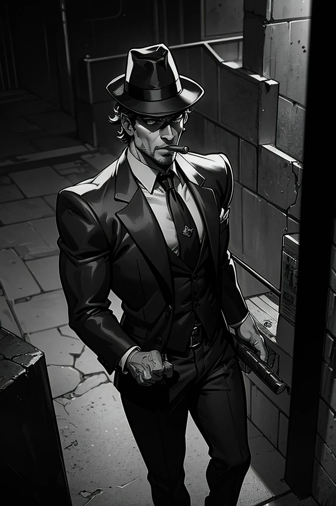 a badass gangster aristotle, detailed face, piercing eyes, chiseled jaw, muscular body, wearing a sharp black suit, fedora hat, cigar in mouth, standing in a dark alley, neon lights, gritty urban setting, moody dramatic lighting, cinematic composition, photorealistic, hyper detailed, 8k, high contrast, rich color palette, art deco style